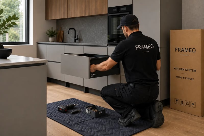 FRAMEO technician installing a kitchen cabinet